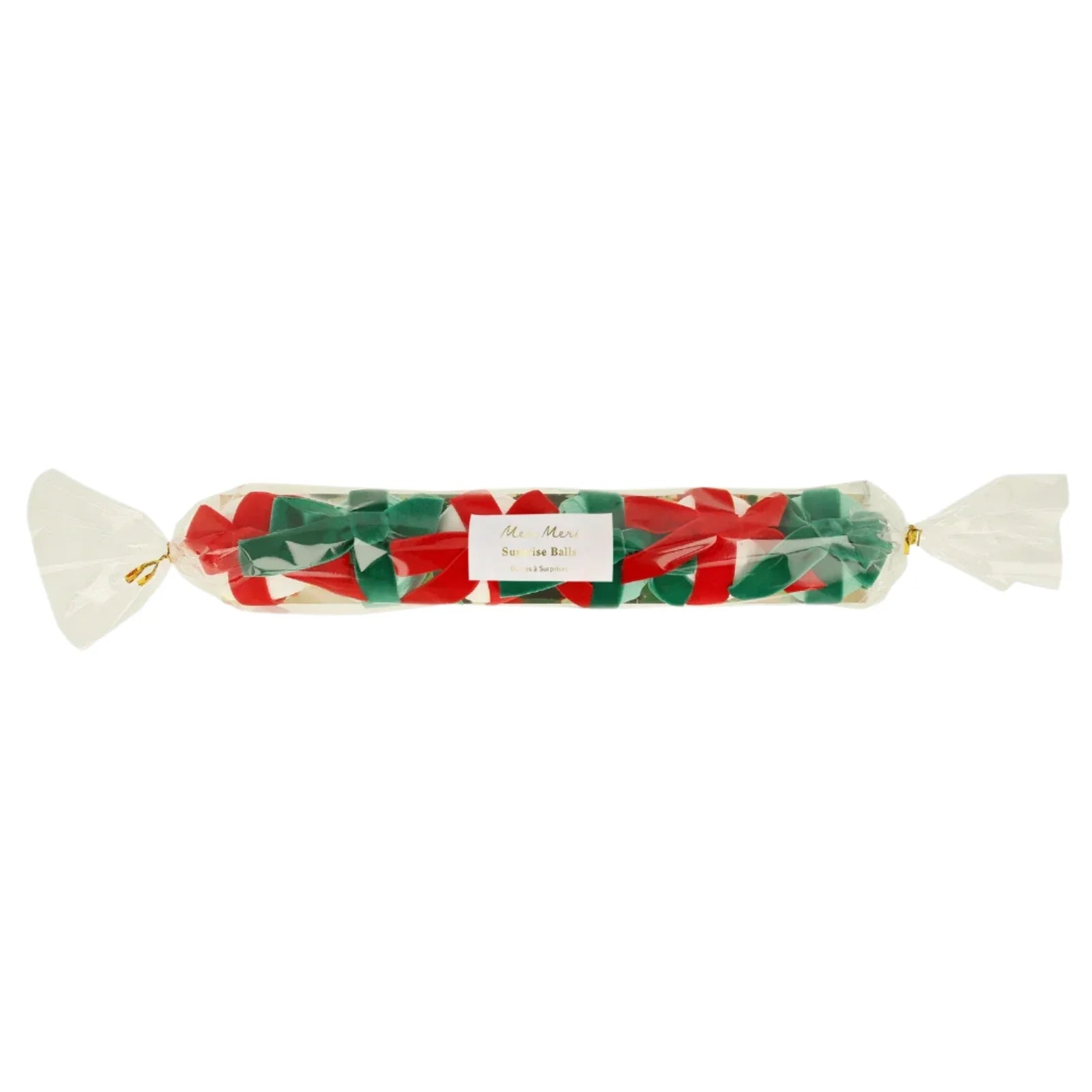 A clear plastic wrapper holds red, white, and green candies resembling small Christmas balls—perfect as festive party favors—from the Meri Meri MERI Big Bow Surprise Balls (6), each sweet treat tied up like an enamel bow charm.