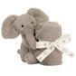 A cozy **Jellycat Smudge Elephant Soother in Giftbox** by **Jellycat**, holding a rolled-up blanket tied with a white ribbon featuring adorable owl illustrations, making it the perfect *newborn gift*.