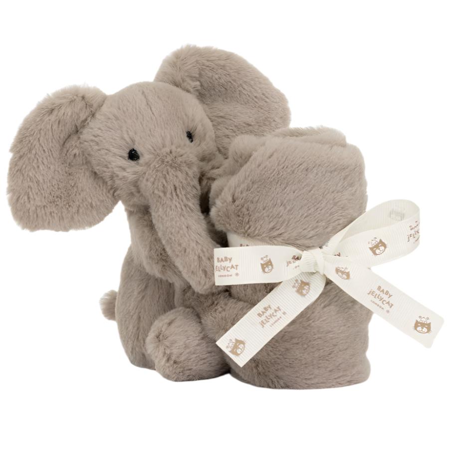 A cozy **Jellycat Smudge Elephant Soother in Giftbox** by **Jellycat**, holding a rolled-up blanket tied with a white ribbon featuring adorable owl illustrations, making it the perfect *newborn gift*.