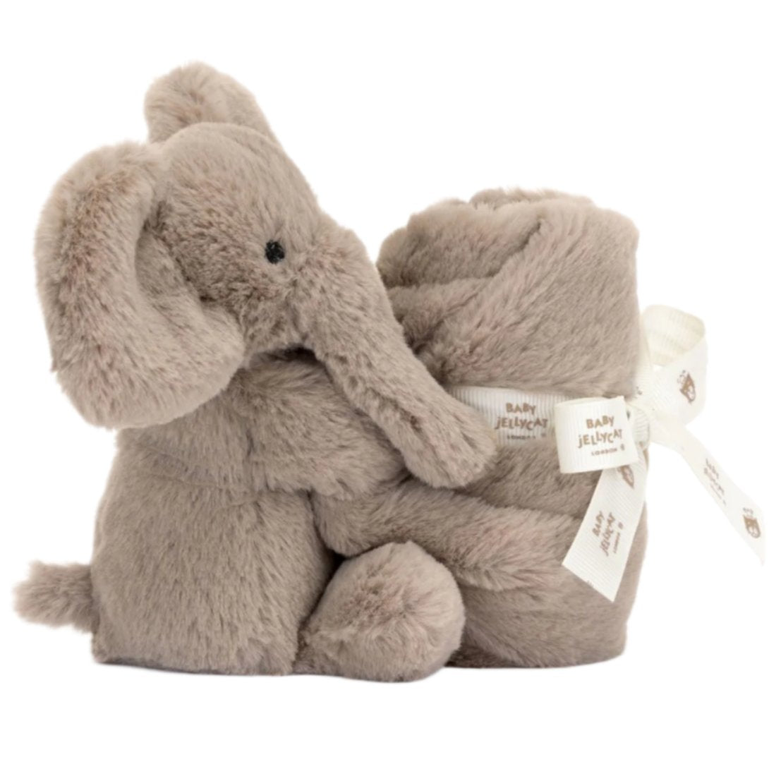 The Jellycat Smudge Elephant Soother in Giftbox features a plush elephant holding a rolled-up blanket tied with a white ribbon printed with "Baby Jellycat" text—an adorable newborn gift.