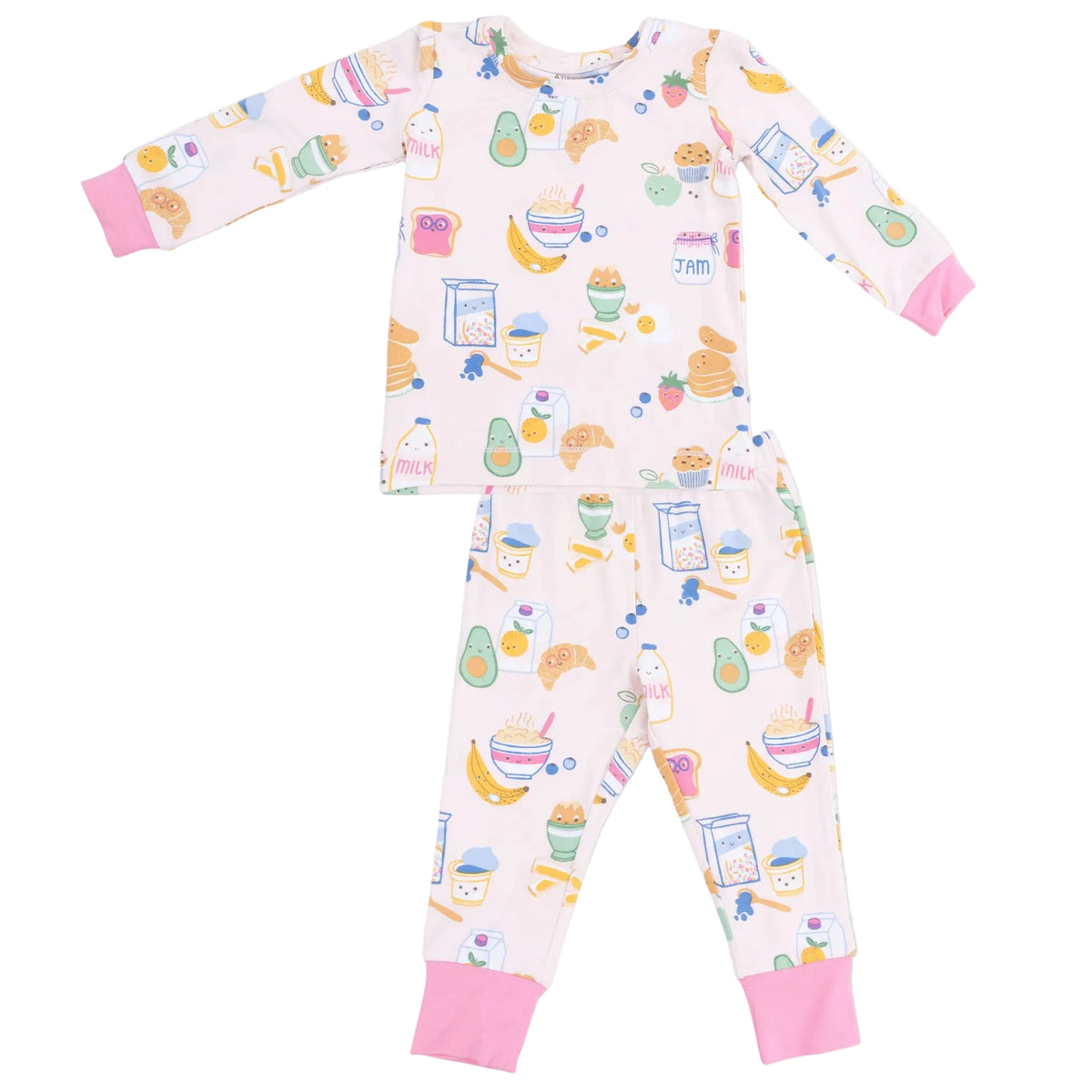 The Angel Dear Baby and Kids’ Long Sleeve Loungewear Set features cozy long sleeves and pants adorned with vibrant breakfast-themed prints and pink cuffs on a white background, making it an ideal playful loungewear option for little ones.