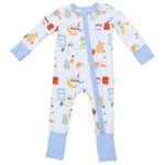 The Angel Dear Baby Convertible Romper is a light blue baby sleeper made from soft bamboo fiber, featuring food-themed illustrations, a front zipper, and solid blue cuffs on the sleeves and legs.