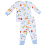 The Angel Dear Baby and Kids’ Long Sleeve Loungewear Set features a playful breakfast-themed print with milk, jam, bananas, and other food items on a light blue background accented by blue cuffs. This cozy two-piece pajama set includes a long sleeve top and matching bottoms, perfect for keeping little ones comfortable during restful nights and easygoing mornings.