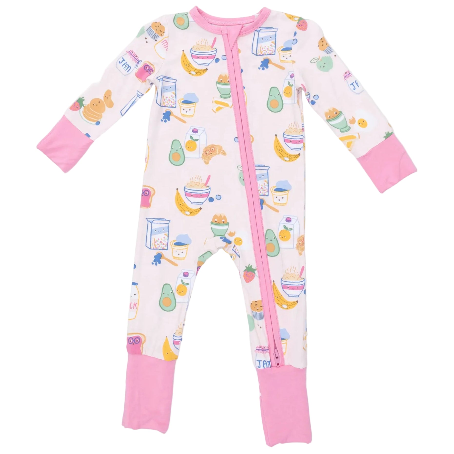 Angel Dear Baby Convertible Romper: This pink and white footless onesie, featuring fun food-themed prints, long sleeves, and a diagonal zipper from neckline to leg, is crafted from soft bamboo fiber for cozy all-night comfort.