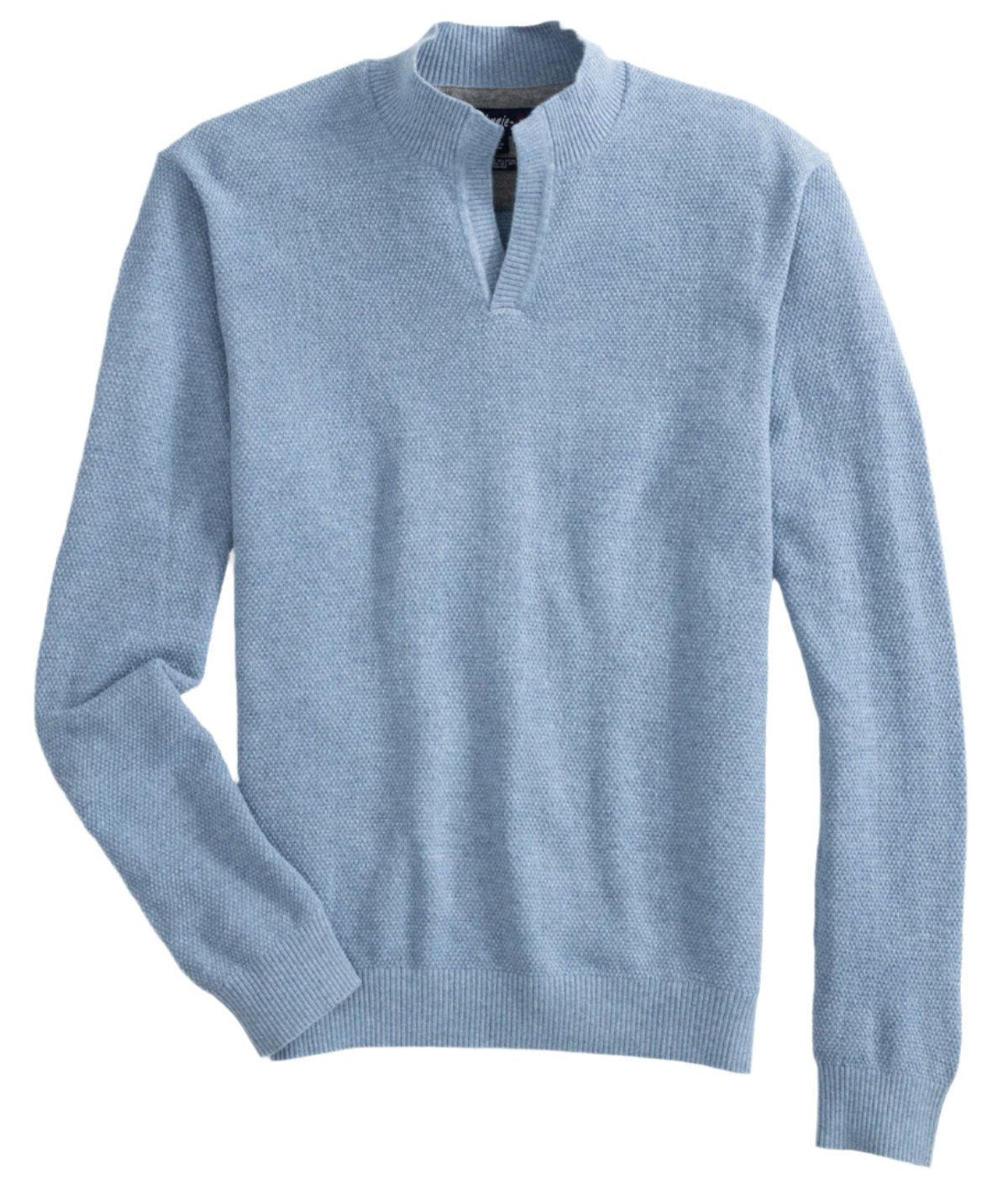 Johnnie-O's Estaban Quarter Slit Sweater in light blue showcases a classic Johnny collar and split neck design, evoking the timeless style of Steve McQueen when laid flat.