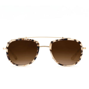 Krewe Breton Polarized Sunglasses in a tortoiseshell pattern feature a gold double bridge, brown gradient lenses, and a lightweight design, shown on a white background.