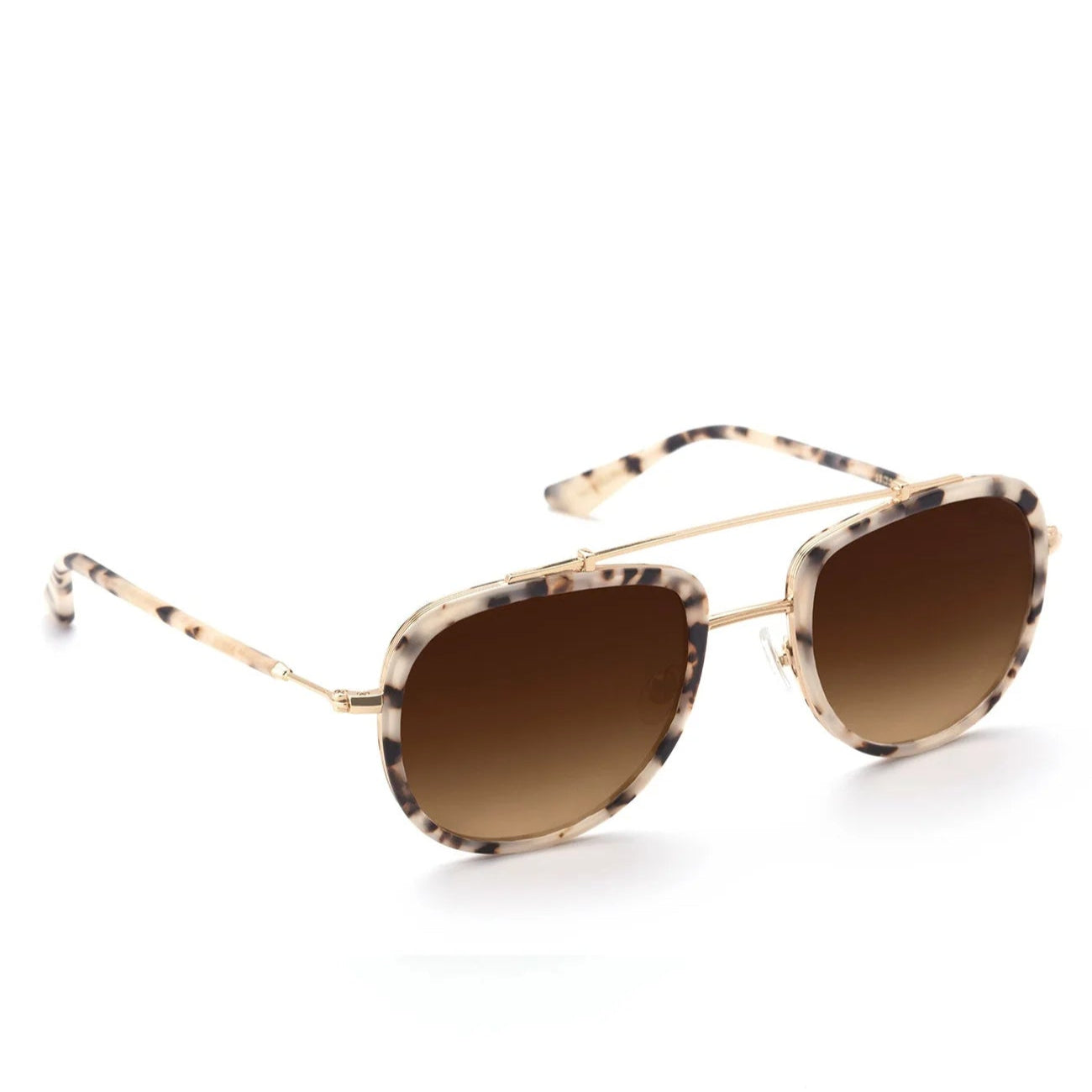 Krewe's Breton Polarized Sunglasses feature rectangular tortoiseshell frames, a gold bridge, and brown gradient lenses. Their lightweight design ensures all-day comfort. Shown on a white background.
