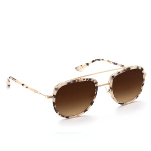 Krewe's Breton Polarized Sunglasses feature rectangular tortoiseshell frames, a gold bridge, and brown gradient lenses. Their lightweight design ensures all-day comfort. Shown on a white background.