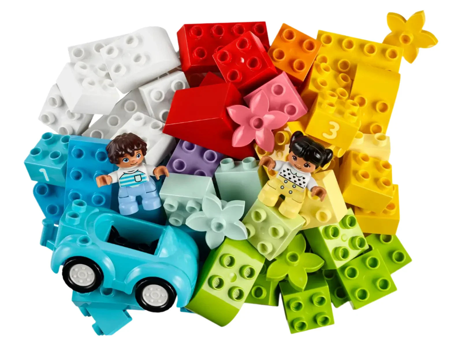 A vibrant assortment of interlocking LEGO® DUPLO® bricks from the Legos - Toyhouse collection, showcasing an array of shapes, sizes, and colors ideal for toddlers. The set also features two toy figures and a small blue car, perfectly designed to inspire creative play.