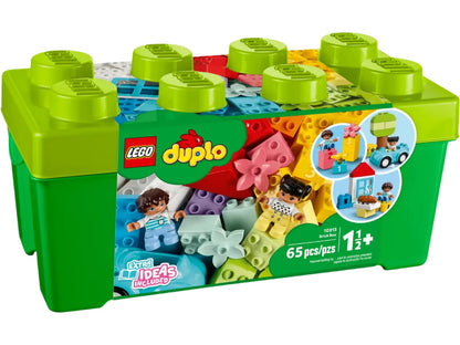 The LEGO® DUPLO® Brick Box by Legos - Toyhouse contains 65 pieces and is designed for toddlers aged 1.5 years and older. This set, packaged in a green box, displays images of various creative play creations and figures on the label.