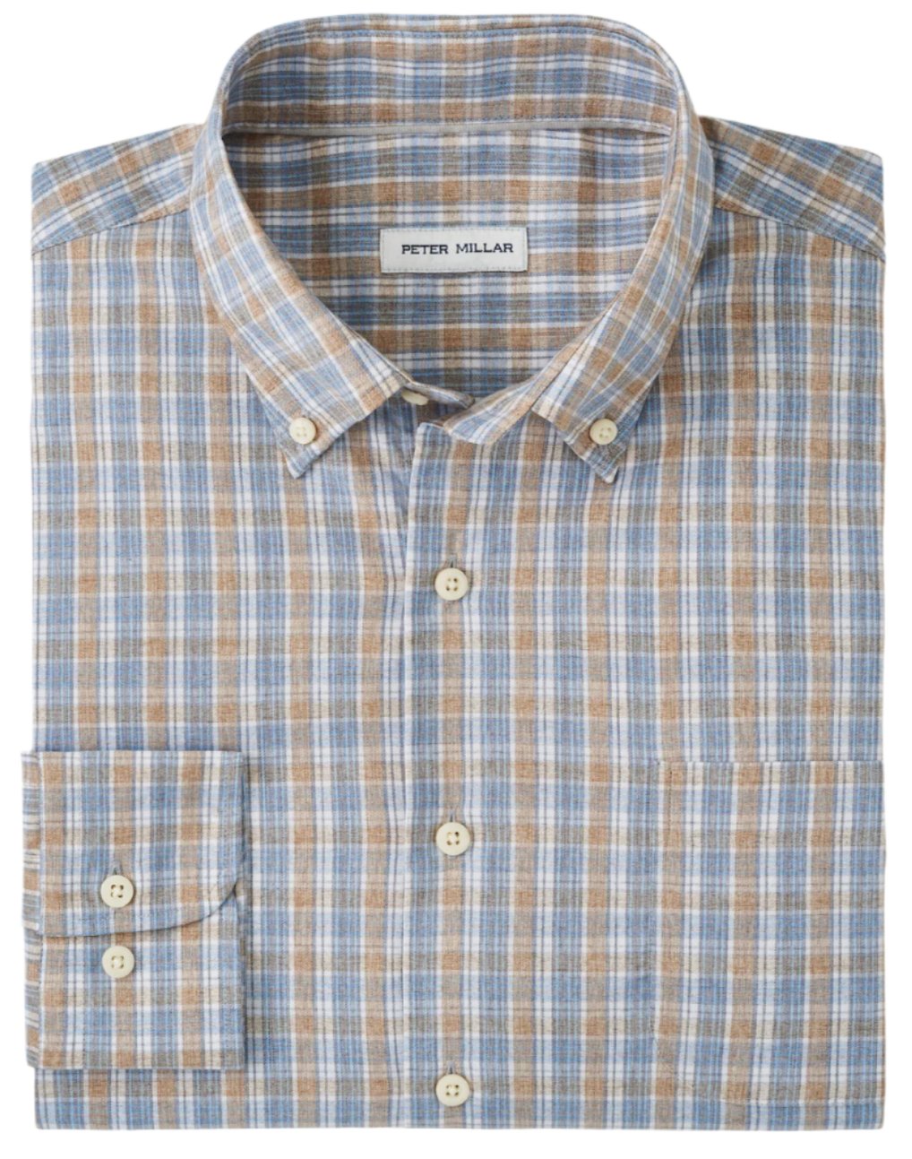 The Peter Millar Powell Crown Lite Cotton Stretch Sport Shirt is a folded plaid sport shirt in blue, brown, and white. It features a front pocket and a buttoned collar, crafted with easy-care performance fabric and offers UPF 50+ sun protection for your comfort.