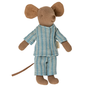 The Maileg Big Brother Mouse in Matchbox - Blue is a brown plush mouse wearing blue and white striped pajamas, standing upright with rounded ears and a visible tail—perfect for pairing with a cozy matchbox bed.