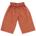 The Pink Chicken Girls' Theodore Pant is a stylish pair of brown, wide-legged corduroy pants featuring an elastic waist, gathered waistband, and tied belt.