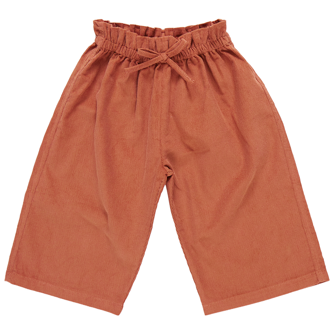 The Pink Chicken Girls' Theodore Pant is a stylish pair of brown, wide-legged corduroy pants featuring an elastic waist, gathered waistband, and tied belt.