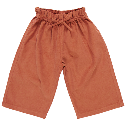 The Pink Chicken Girls' Theodore Pant is a stylish pair of brown, wide-legged corduroy pants featuring an elastic waist, gathered waistband, and tied belt.