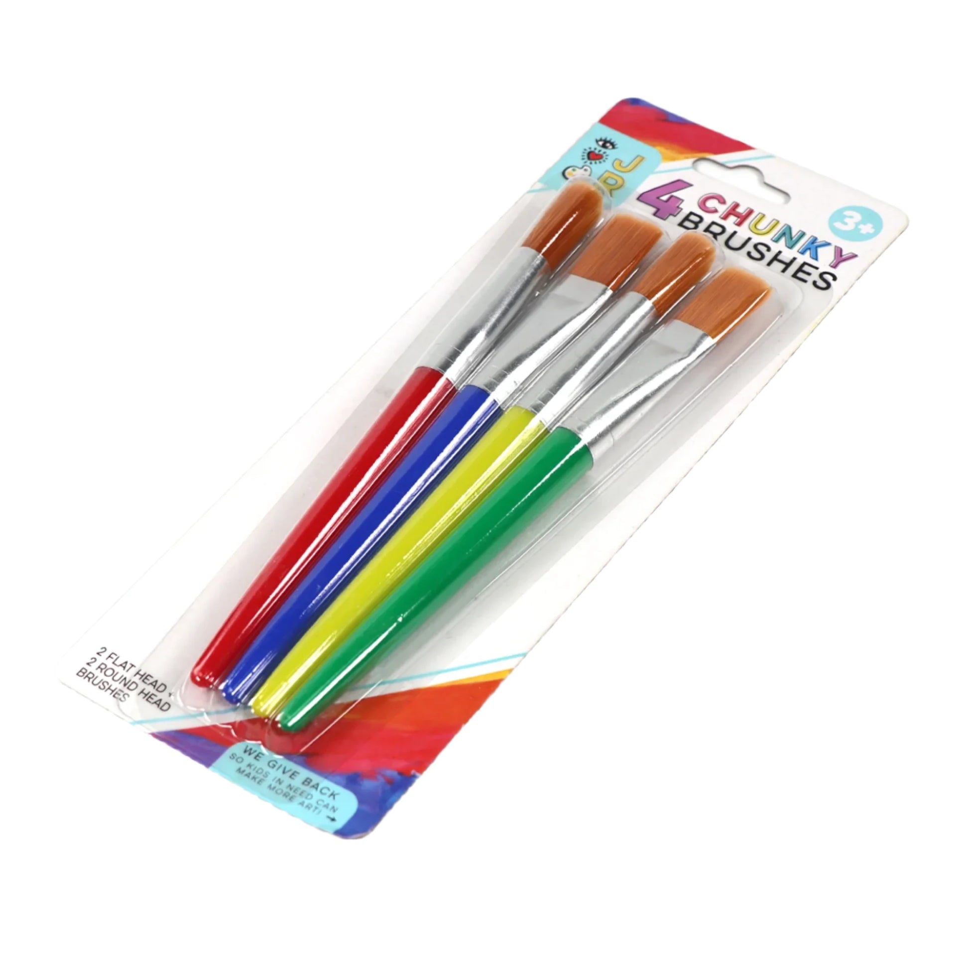 Bright Stripes 4 JR Chunky Brushes come in a plastic pack with four vibrant colors: red, blue, yellow, and green. Each brush has an easy-to-hold handle. Suitable for ages 3 and up.