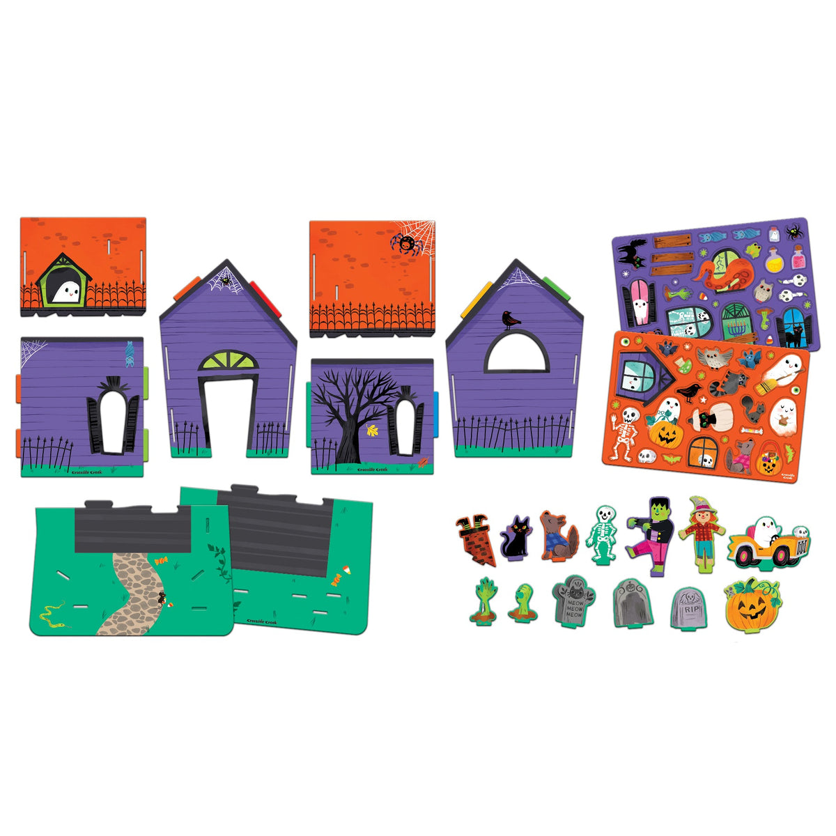 Crocodile Creek Make Your Own Haunted House kit featuring cardboard walls, a base, two sheets of glow-in-the-dark stickers, pop-in play figurines, and tombstone cutouts.