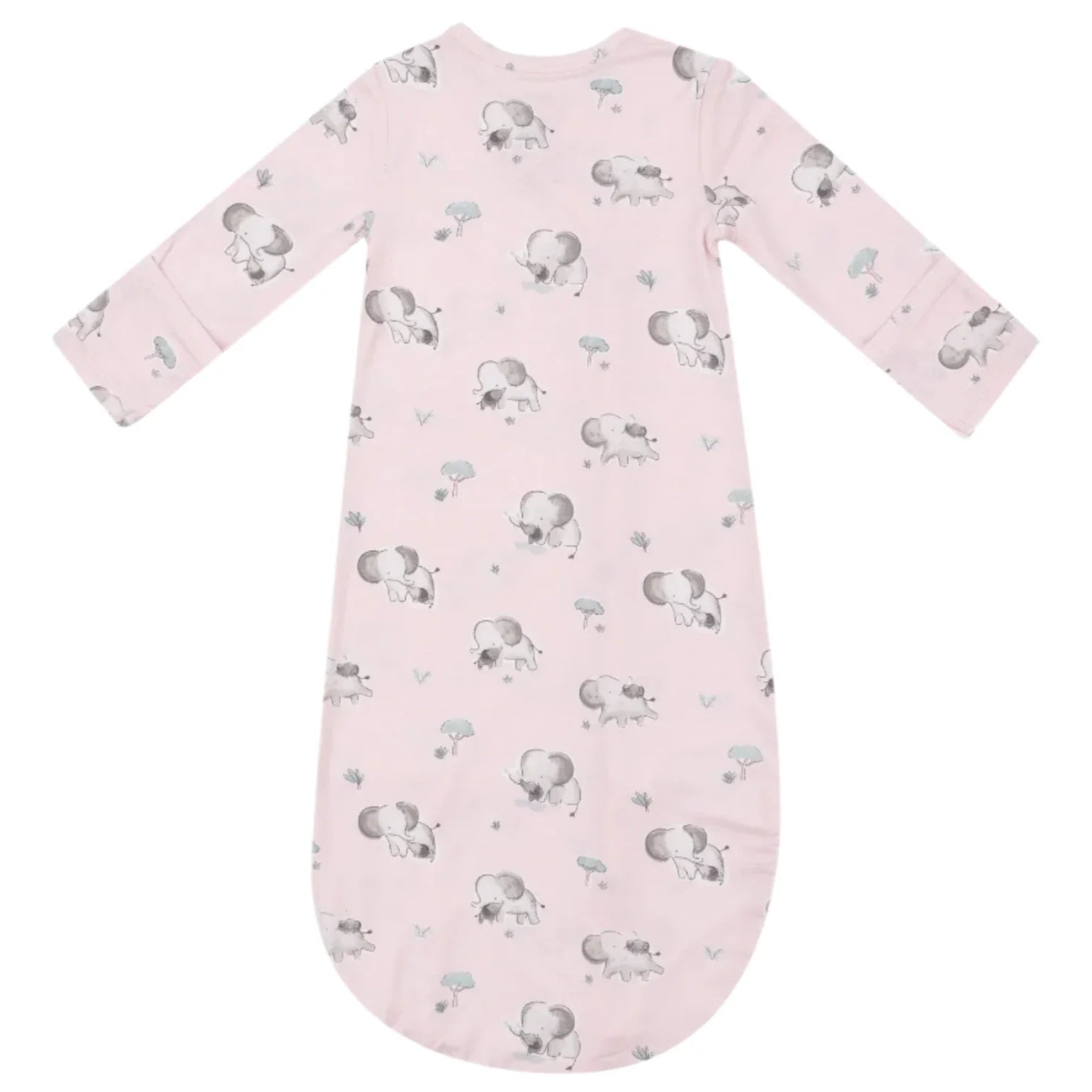 The Angel Dear Gray Elephants Pink Bundle Gown is a charming long-sleeve baby outfit adorned with a whimsical pattern of gray elephants and petite flowers. Crafted from soft bamboo viscose, it provides comfort and is easily machine washable.