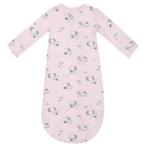 The Angel Dear Gray Elephants Pink Bundle Gown is a charming long-sleeve baby outfit adorned with a whimsical pattern of gray elephants and petite flowers. Crafted from soft bamboo viscose, it provides comfort and is easily machine washable.