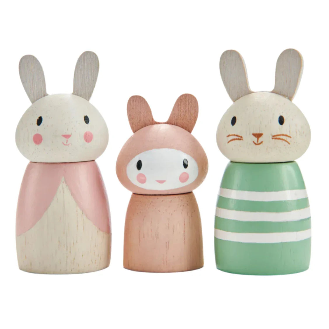 The Tender Leaf Bunny Tales by Tender Leaf Toys features a delightful family of wooden bunnies in pastel colors, with larger pink and green bunnies surrounding a smaller brown one at the center, ideal for open-ended play.