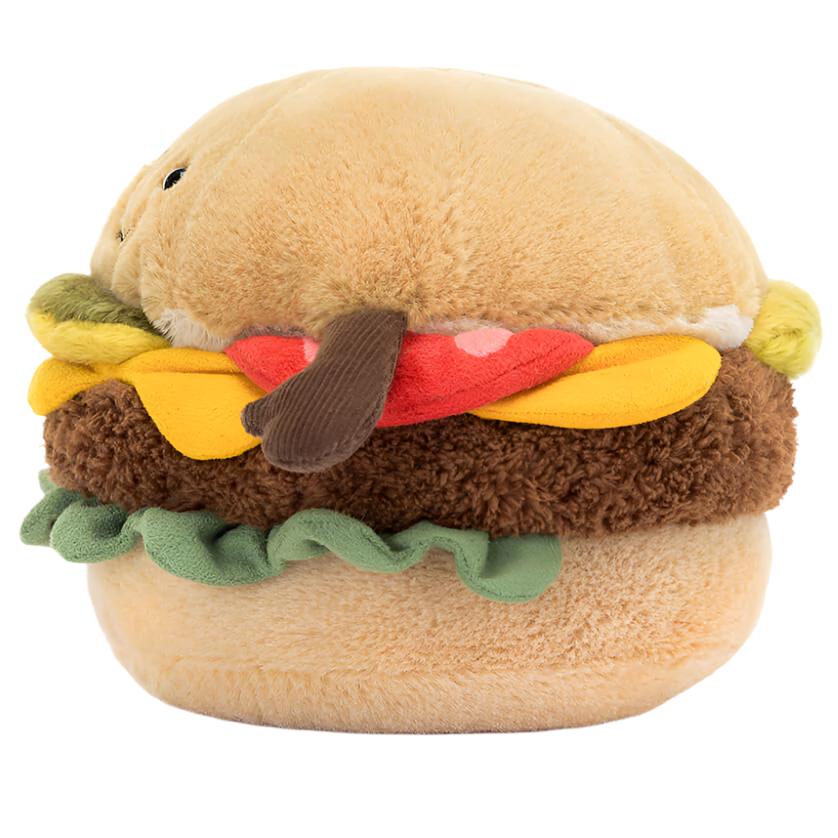 The Jellycat Amuseables Burger plush features soft layers of lettuce, cheese, tomato, and patty between tan buns—perfect for bringing a playful touch of barbecue fun to any space.