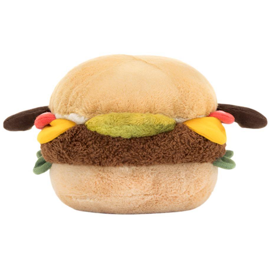The Jellycat Amuseables Burger is a plush toy shaped like a hamburger, with tan buns, a brown patty, and colorful fabric for lettuce, cheese, and tomato—perfect for barbecue-themed cuddles.