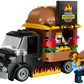 The LEGO® City Burger Truck by LEGO® features a burger-themed design, serving window, minifigure chef inside, and another minifigure holding a large burger—great for fast food fans and mobile takeout fun!.