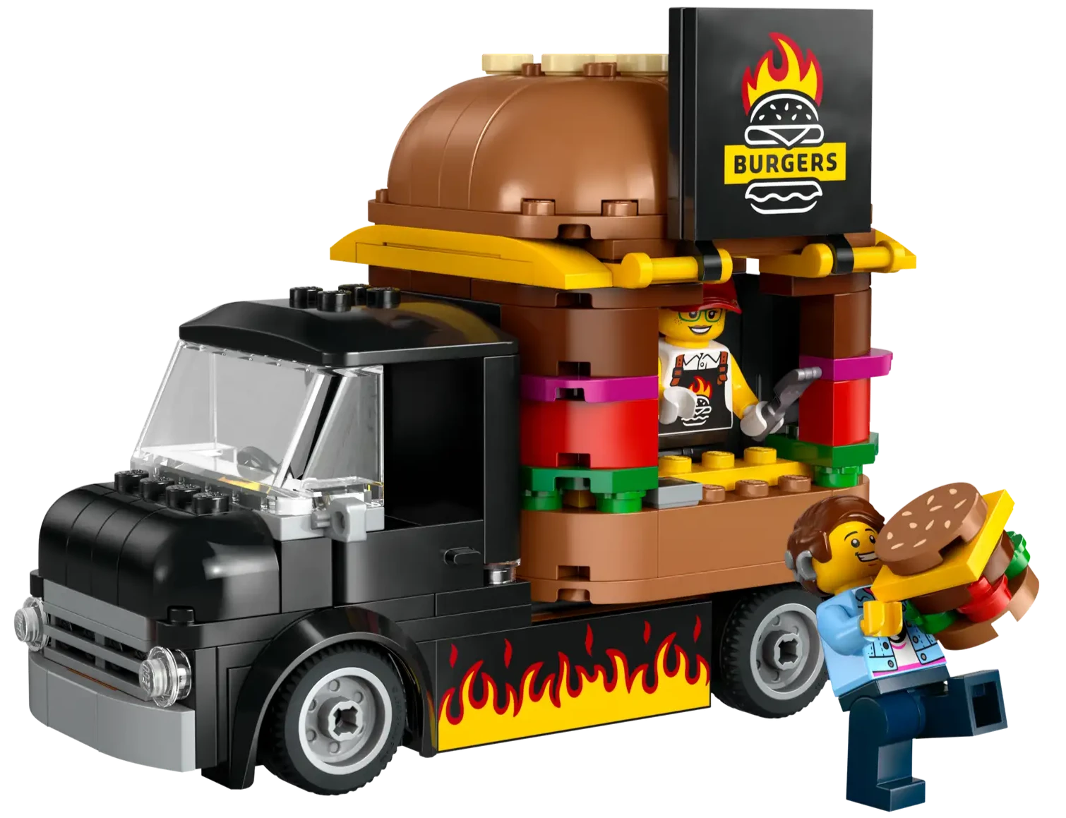 The LEGO® City Burger Truck by LEGO® features a burger-themed design, serving window, minifigure chef inside, and another minifigure holding a large burger—great for fast food fans and mobile takeout fun!.