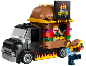 The LEGO® City Burger Truck by LEGO® features a burger-themed design, serving window, minifigure chef inside, and another minifigure holding a large burger—great for fast food fans and mobile takeout fun!.
