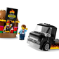 Two LEGO® minifigures run a burger stand beside the LEGO® City Burger Truck—a mobile takeout van featuring black flame graphics and a "Burgers" sign above the window.