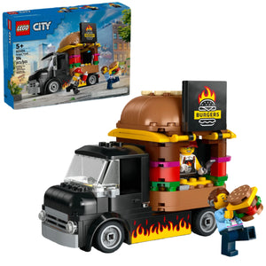 The LEGO® City Burger Truck by LEGO® features a burger-shaped roof, two minifigures, a burger accessory, and mobile takeout fun. Box shown in the background.