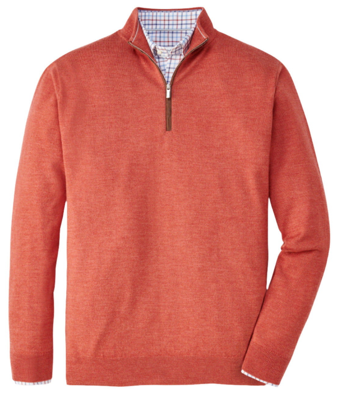 A breathable, classic fit can be achieved by layering a Peter Millar Autumn Crest Quarter-Zip Suede Trim in rust over a plaid shirt.