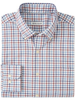 The Peter Millar Calgary Crown Lite Cotton Stretch Sport Shirt is a folded long-sleeve button-up shirt with a classic fit, showcasing a red, blue, and white plaid pattern.