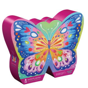 This butterfly-shaped box, adorned with vibrant illustrations, contains the Crocodile Creek Butterfly Garden 36 Piece Puzzle.