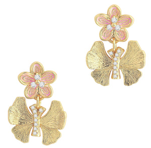 Anabel Aram's Butterfly with Enamel Flower Earrings feature pink and gold enamel blooms above textured gold leaves, accented with small clear gemstones.