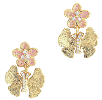 Anabel Aram's Butterfly with Enamel Flower Earrings feature pink and gold enamel blooms above textured gold leaves, accented with small clear gemstones.