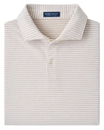 Folded light beige and white striped Albatross Stripe Cotton-Blend Piqué Polo by Peter Millar, featuring a collar, two buttons, and the brand label inside the neck.