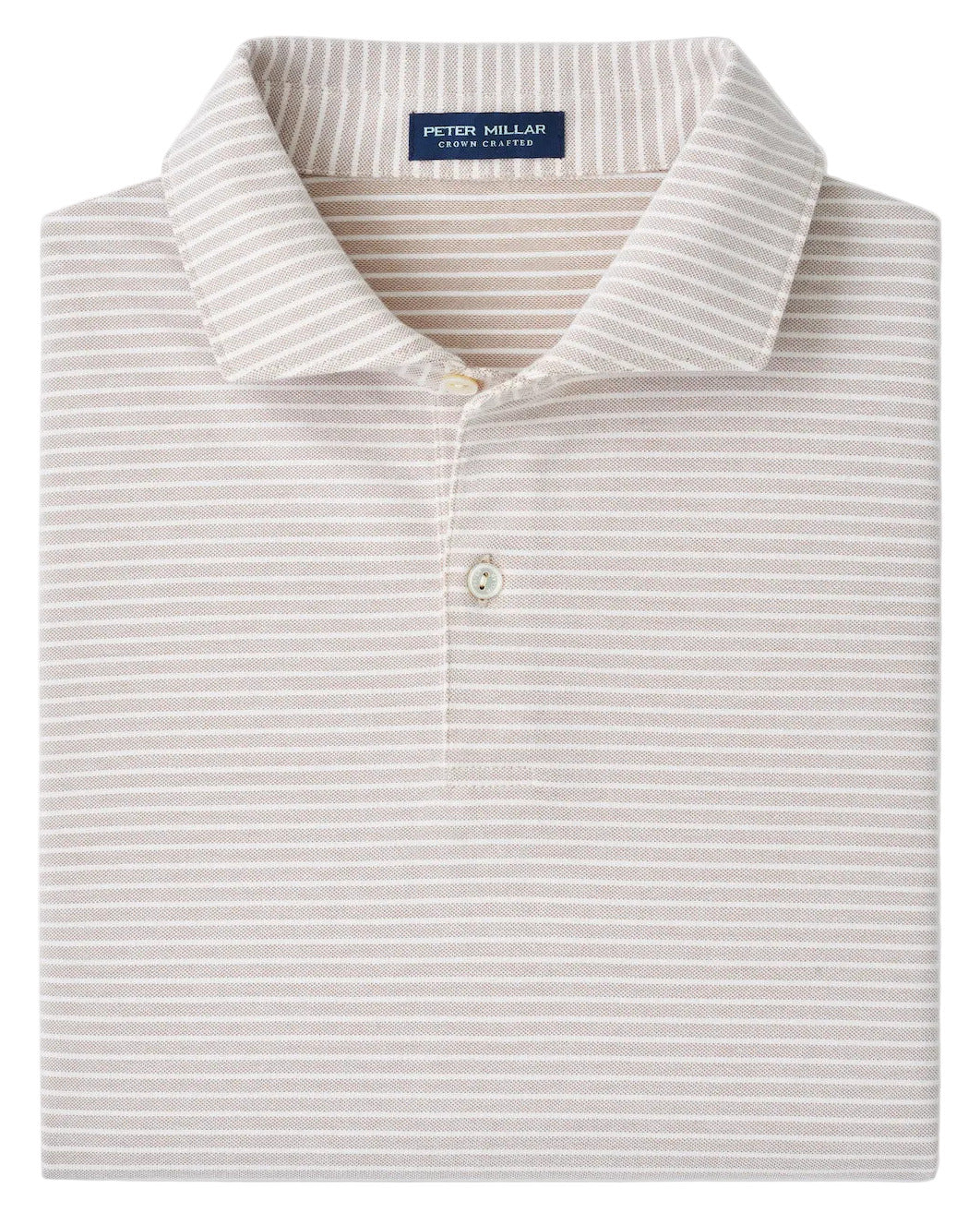 Folded light beige and white striped Albatross Stripe Cotton-Blend Piqué Polo by Peter Millar, featuring a collar, two buttons, and the brand label inside the neck.