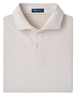 Folded light beige and white striped Albatross Stripe Cotton-Blend Piqué Polo by Peter Millar, featuring a collar, two buttons, and the brand label inside the neck.