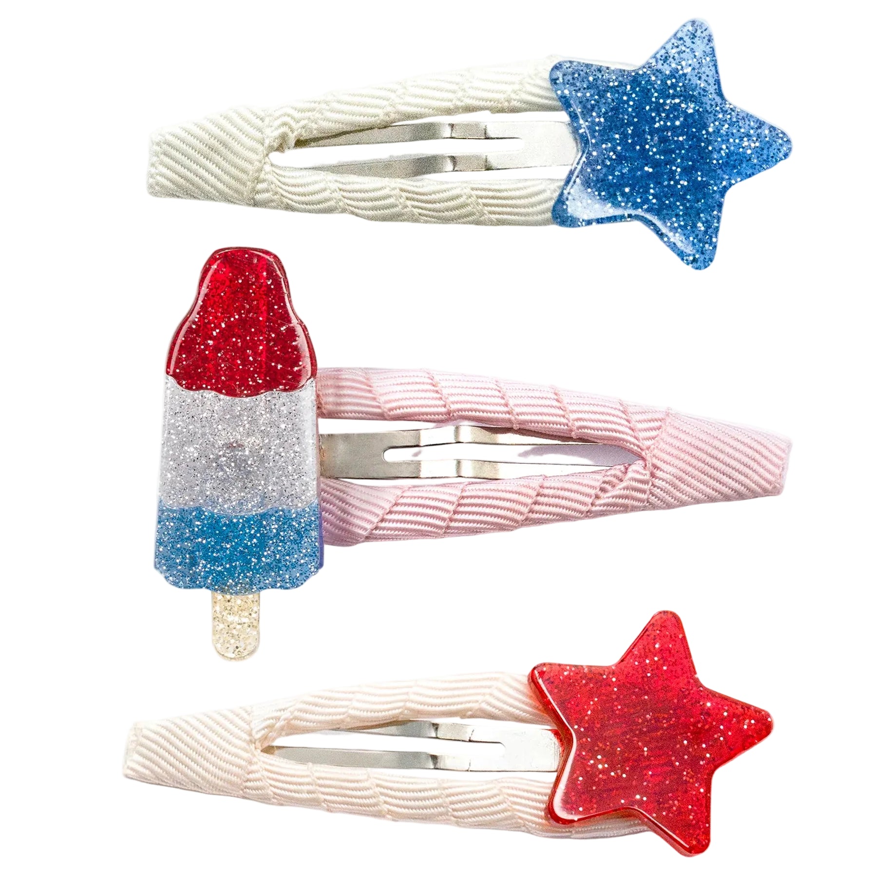 The Lillies & Roses Popsicle Rocket & Stars Red Blue Snap Clips set includes a blue glitter star, a red glitter star, and a red, white, and blue glitter popsicle—perfect for summer or Fourth of July hair accessories.