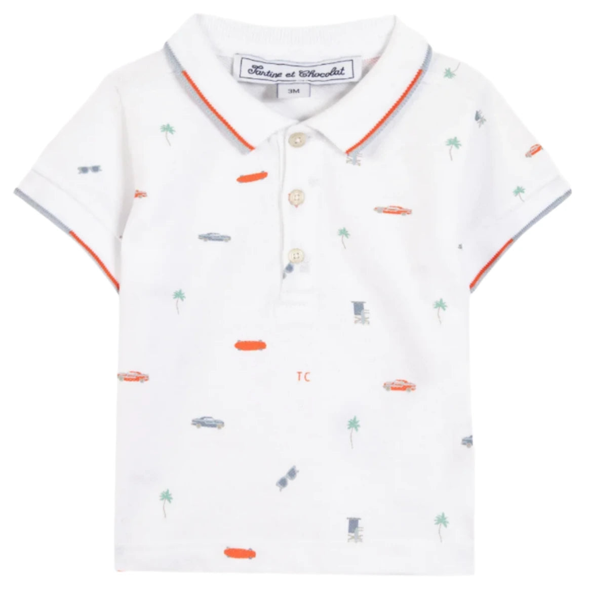 The Tartine et Chocolat Baby Boys' and Boys' Spicy Orange Polo captures Miami's sunny spirit with City Adventure illustrations of cars, palm trees, and initials "TC." It features red and blue trim on the collar and sleeves with three buttons on the front.
