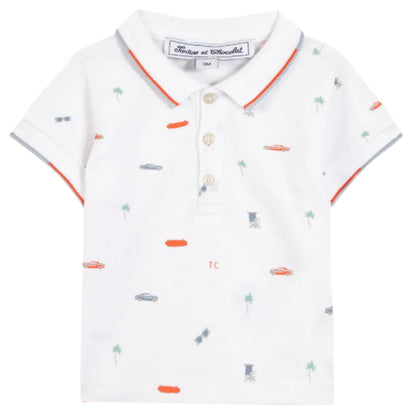 The Tartine et Chocolat Baby Boys' and Boys' Spicy Orange Polo captures Miami's sunny spirit with City Adventure illustrations of cars, palm trees, and initials "TC." It features red and blue trim on the collar and sleeves with three buttons on the front.