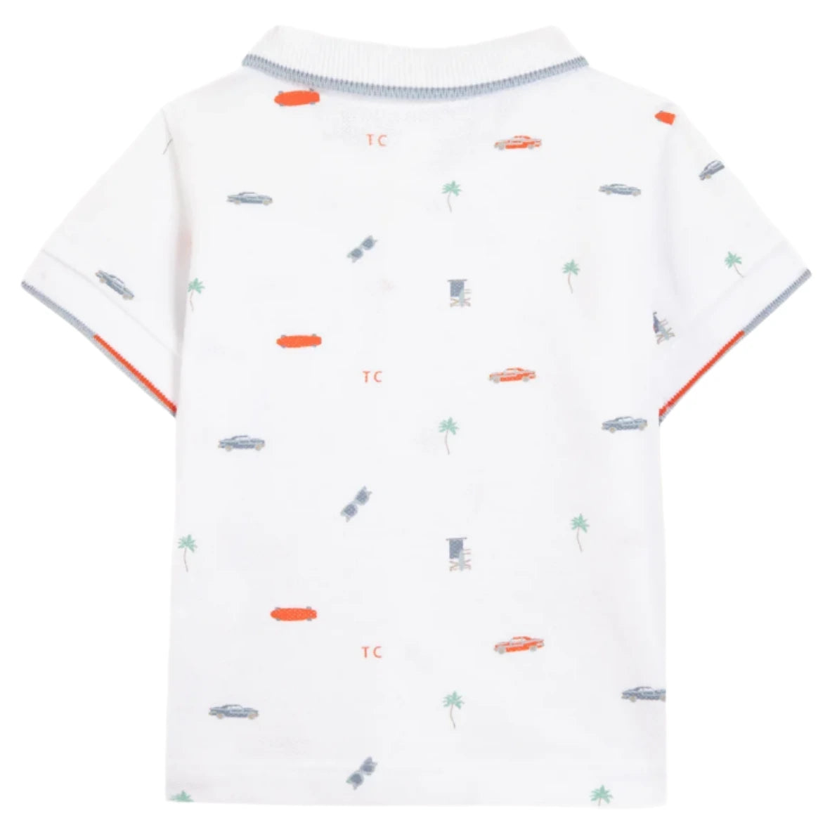 The white short-sleeve shirt from Tartine et Chocolat, called Baby Boys' and Boys' Spicy Orange Polo, reflects Miami's sunny spirit with vibrant back prints of cars, palm trees, and multicolored "TC" letters.