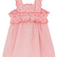 Tartine et Chocolat's Baby Girl's and Girls' Coral Seersucker Dress features a pink sleeveless design, red ruffled trim, and coral vertical stripes.