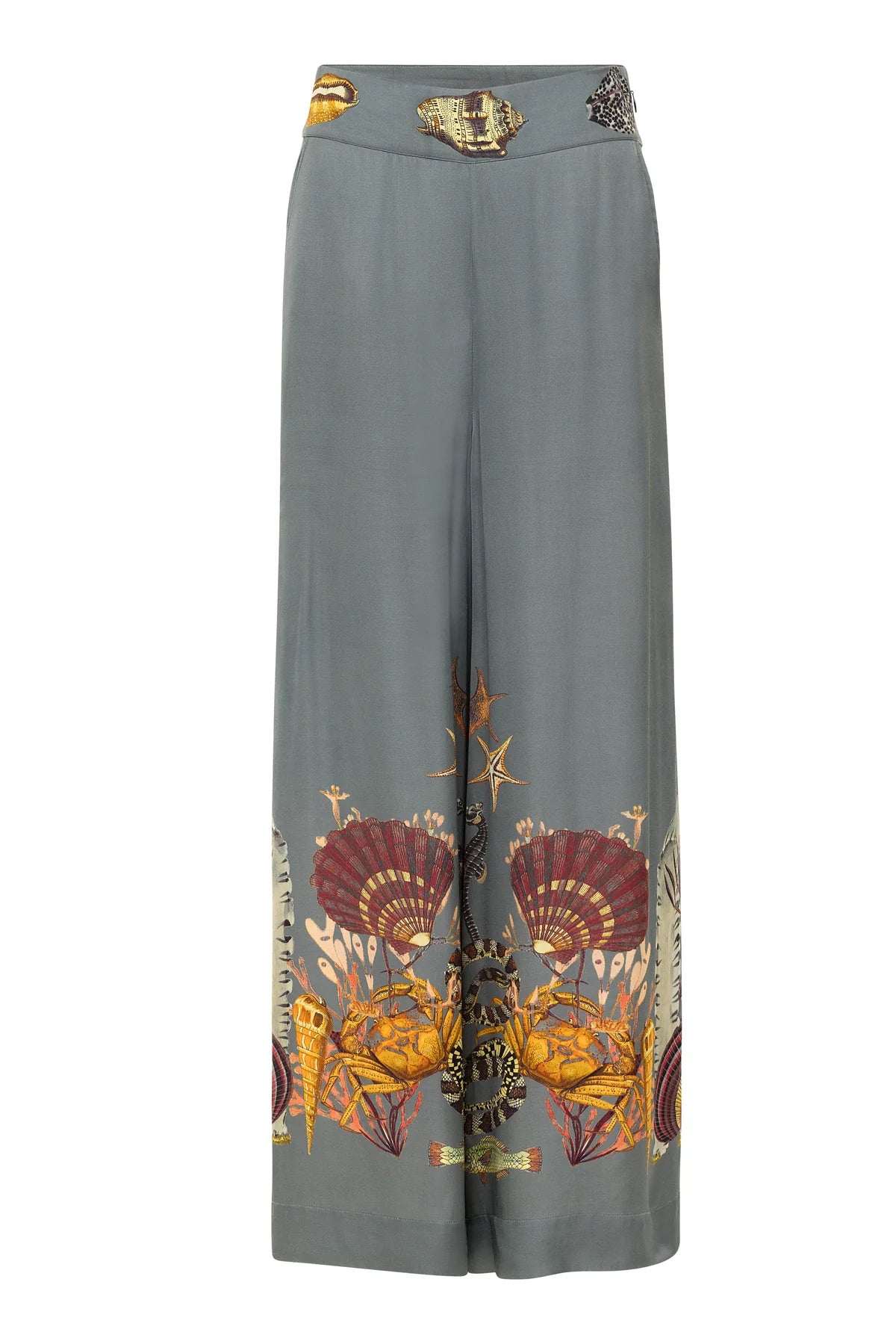 Carolina K Palazzo Pants by Carolina K are high-waist with a gray base and feature an ornate multicolored shell and sea-themed print at the hem and waistband.