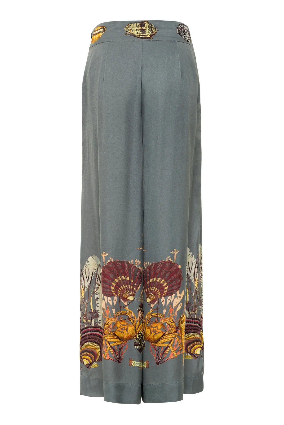 Carolina K Palazzo Pants by Carolina K feature a gray high-waist design with an intricate floral and nature print at the hem and waistband.