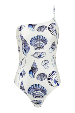 The Maj One Shoulder by Carolina K is a white swimsuit with a blue seashell and sea creature print, inspired by South African artist Felicity Buchanan.