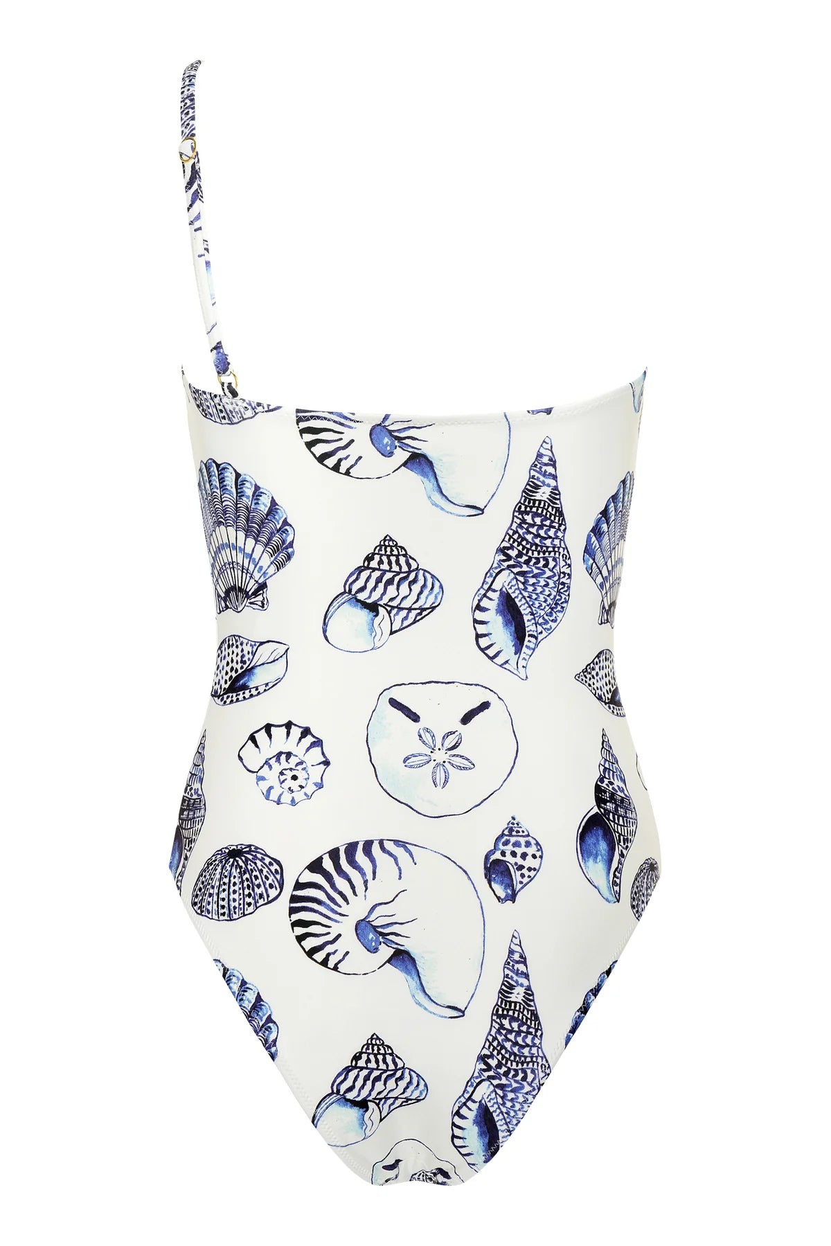 The Maj One Shoulder swimsuit by Carolina K features a white base with blue seashell and marine life prints, inspired by South African artist Felicity Buchanan.