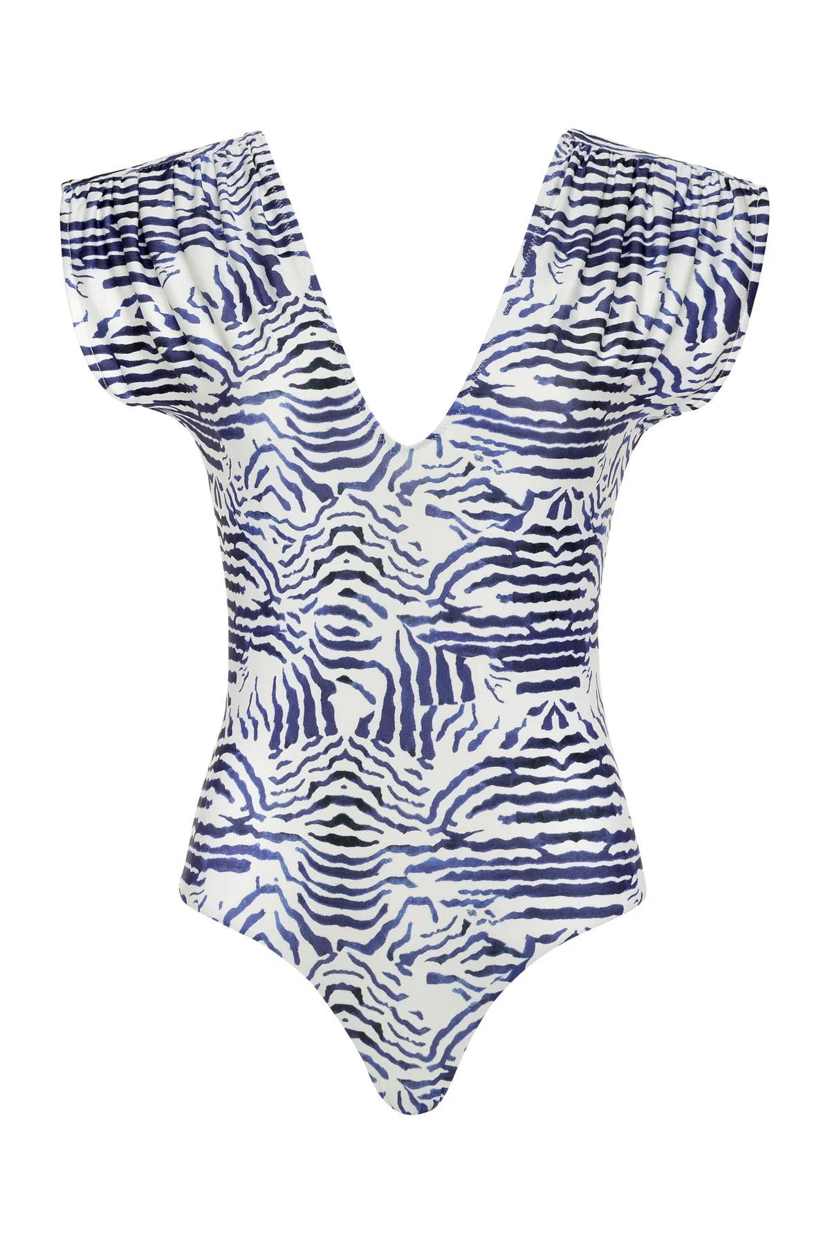 The Lisette One Piece by Carolina K features a deep V-neck, cap sleeves, and a blue and white zebra stripe pattern, offering stylish UV protection.