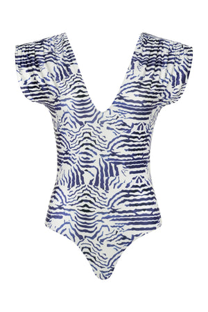 The Lisette One Piece by Carolina K features a deep V-neck, cap sleeves, and a blue and white zebra stripe pattern, offering stylish UV protection.